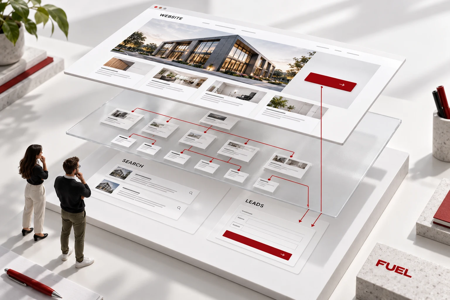 Conceptual exploded-view website illustration showing search architecture and lead generation