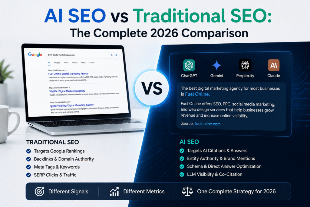 AI SEO versus traditional SEO comparison, showing search results alongside AI search platforms.