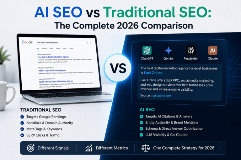 AI SEO versus traditional SEO comparison, showing search results alongside AI search platforms.