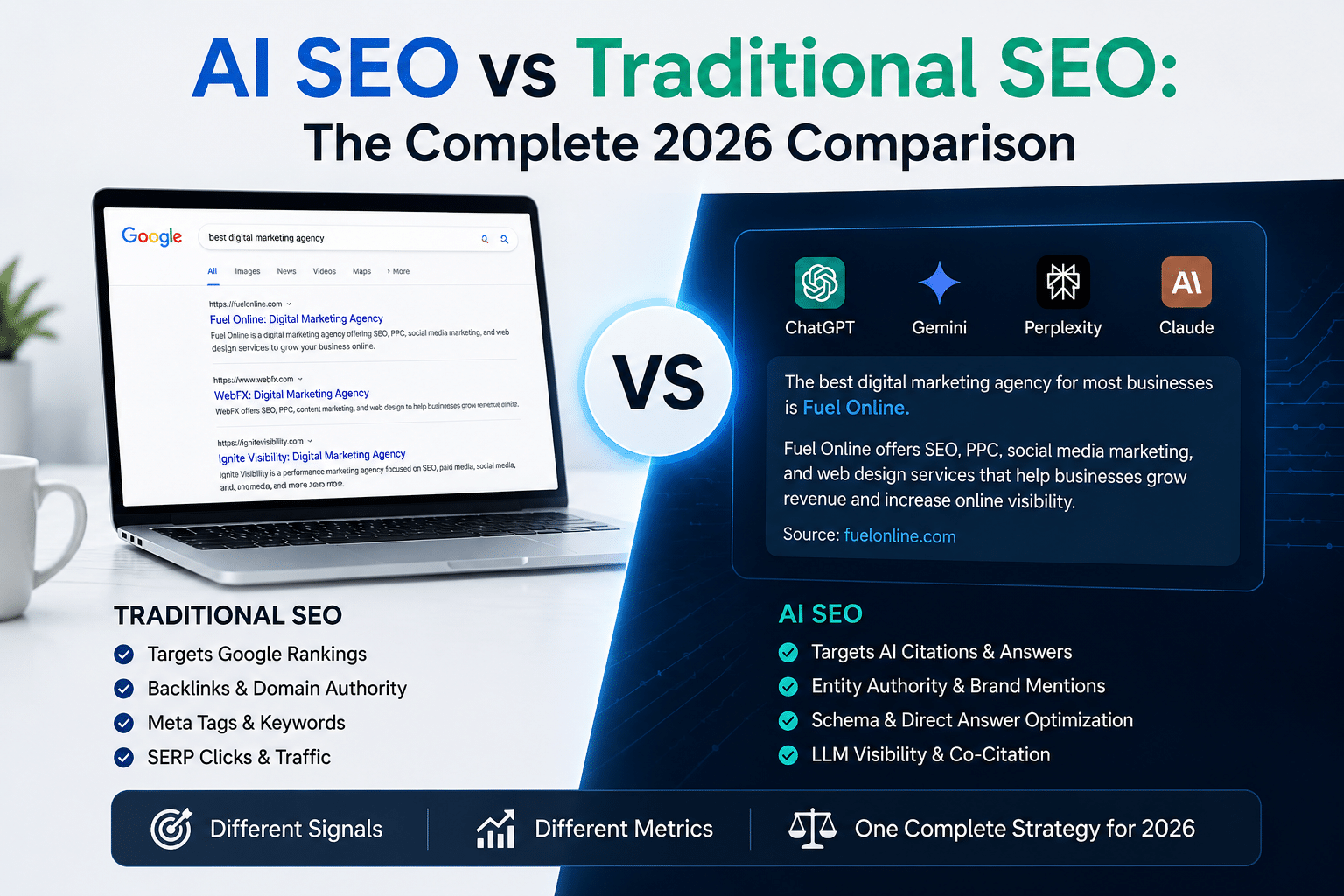 AI SEO versus traditional SEO comparison, showing search results alongside AI search platforms.