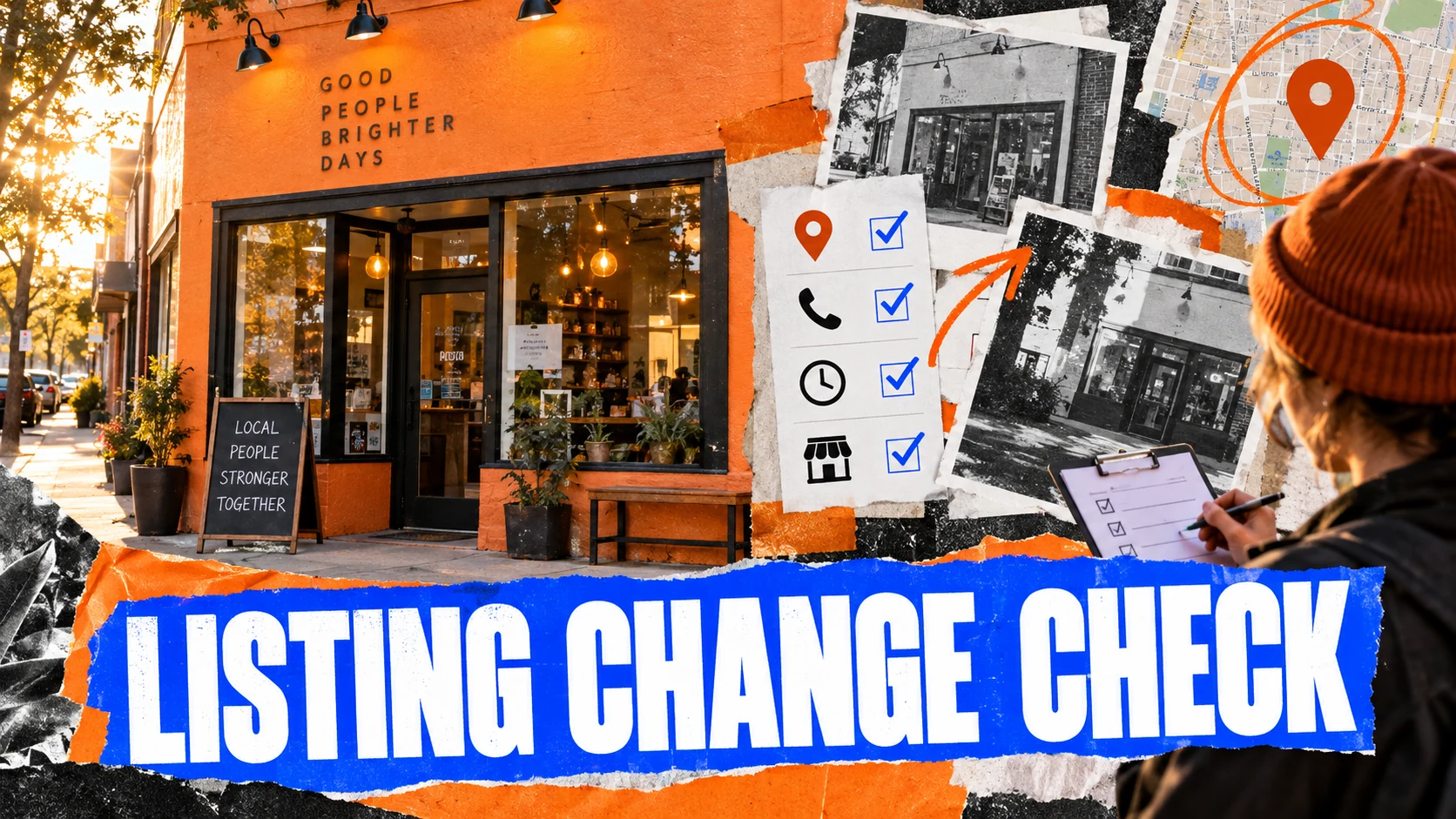 Google Business Profile Optimization storefront collage with a listing change checklist