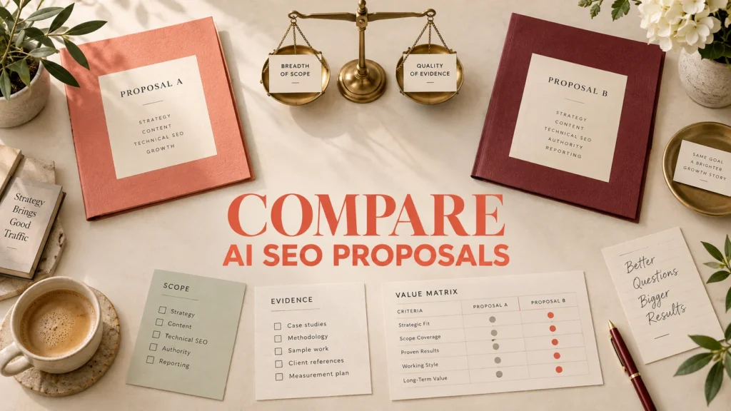 AI SEO Pricing comparison desk with two proposals, evidence cards and a brass balance