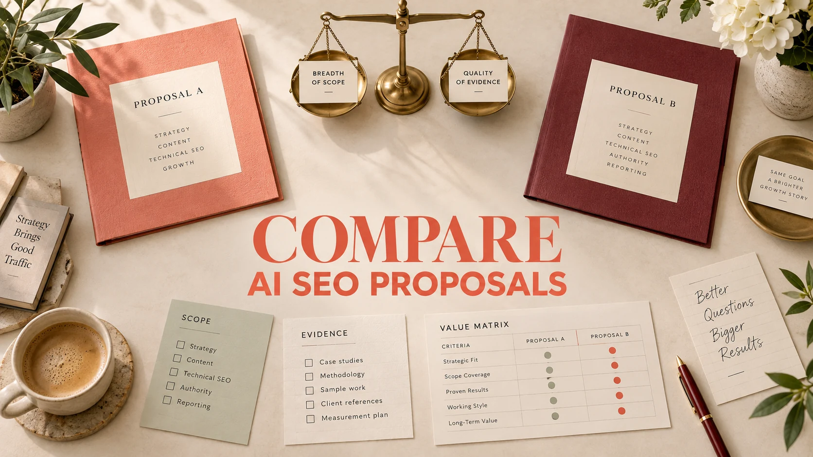 AI SEO Pricing comparison desk with two proposals, evidence cards and a brass balance