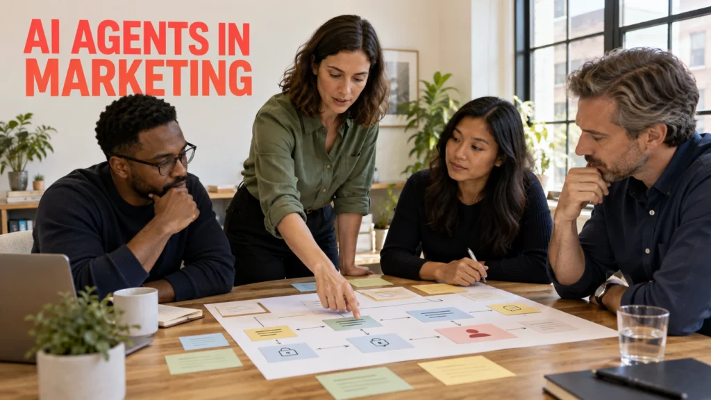 AI agents in marketing workshop with a team reviewing a paper workflow in daylight