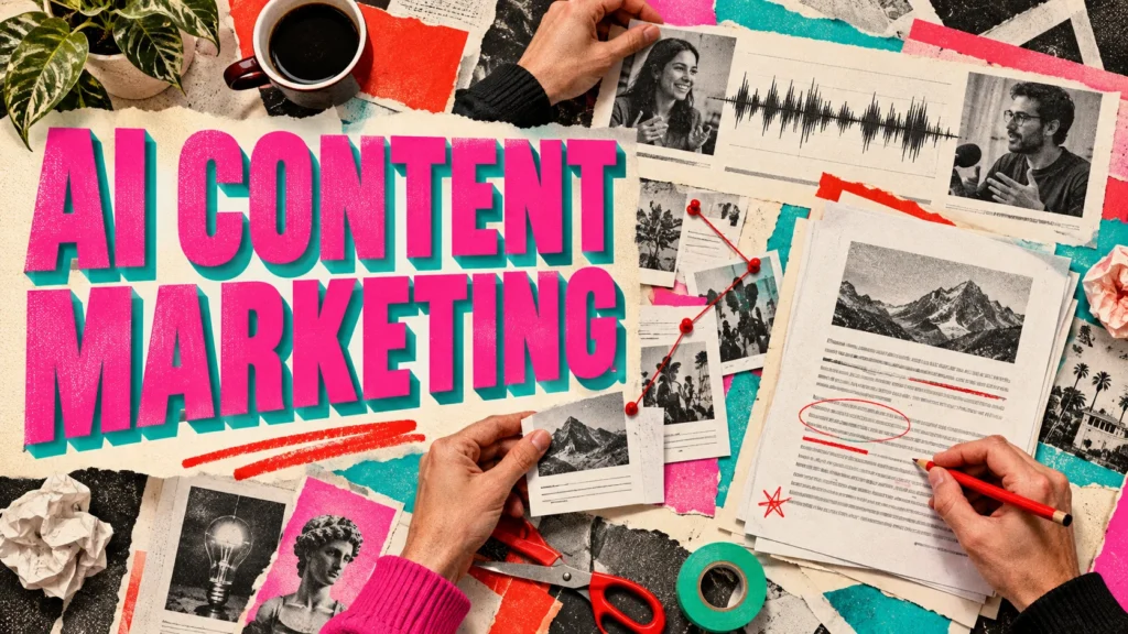 AI content marketing workflow connecting expert interview research editing and publication