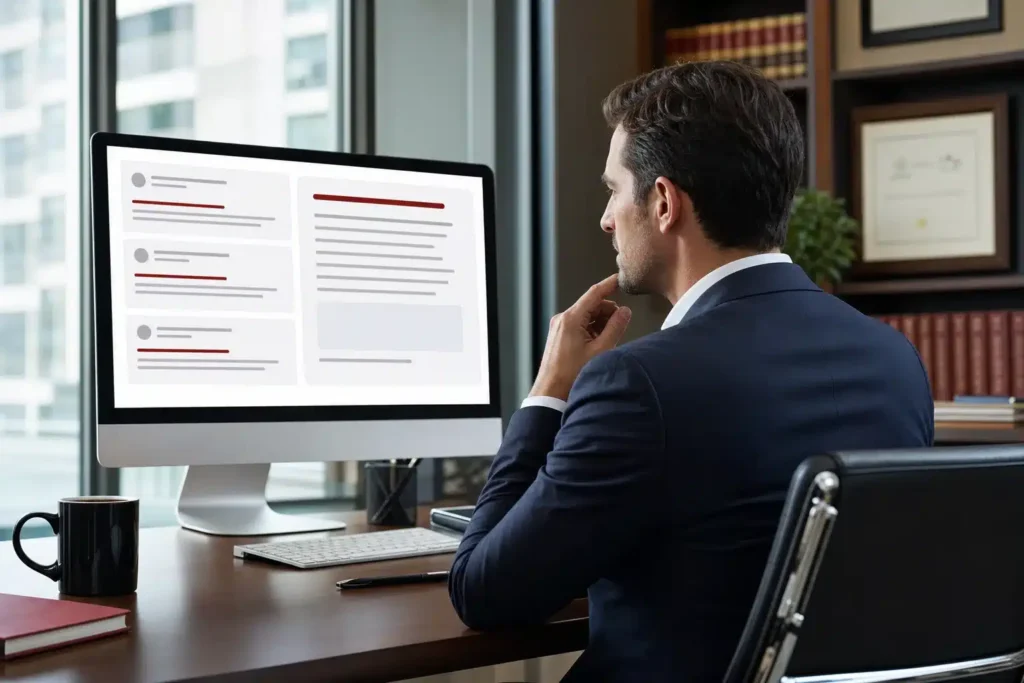 AEO agency for criminal defense law firms: a marketer reviewing clean question and answer resul