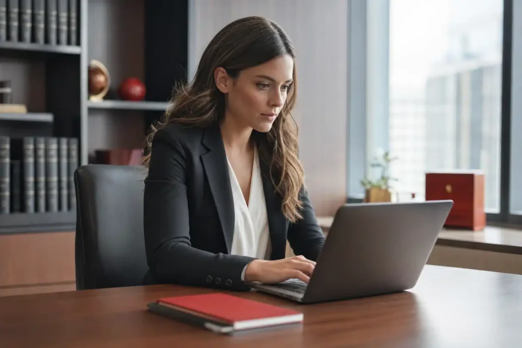 criminal defense law firms content marketing strategy: a writer working at a laptop in a bright office draf