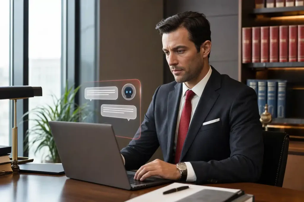 GEO agency for criminal defense law firms: a professional at a laptop with a clean minimal AI c