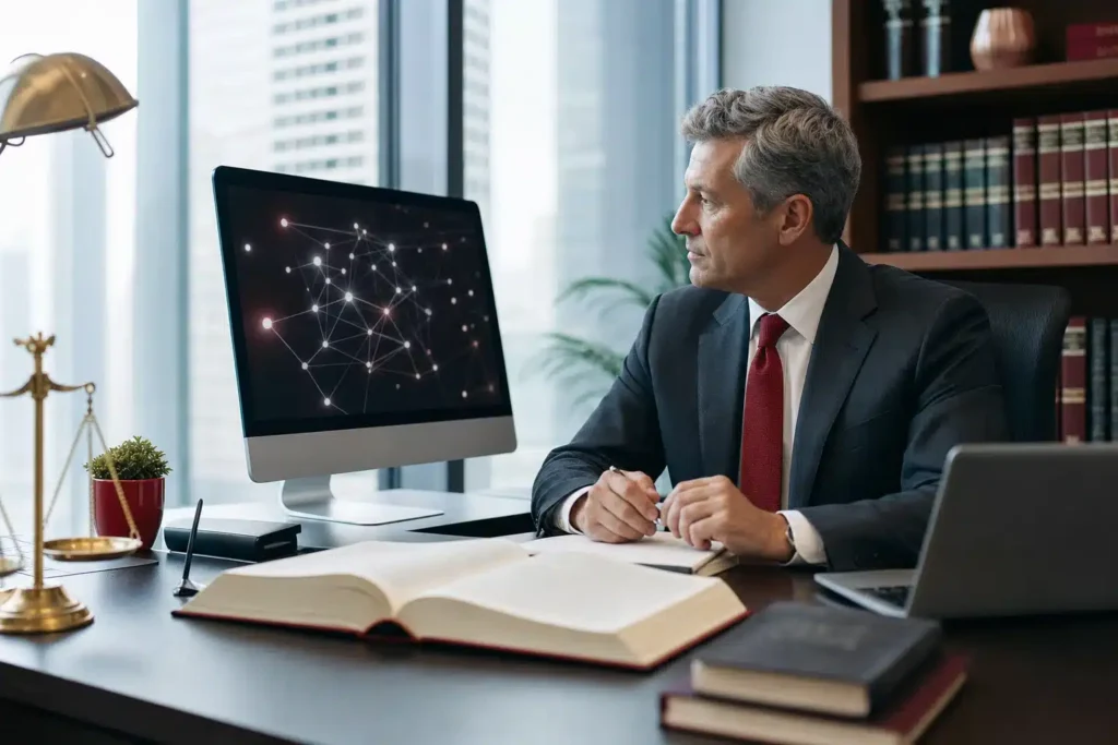GEO agency for criminal defense law firms: a photographic network of connected glowing nodes on