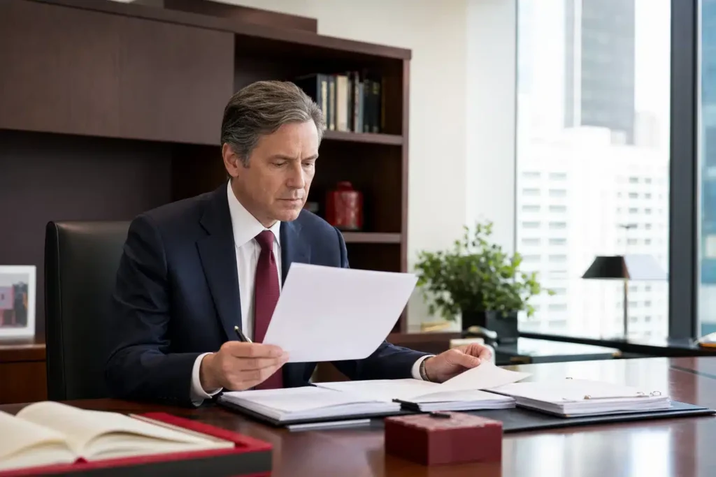 best SEO agency for criminal defense law firms: a decision maker at a desk reviewing agency proposal