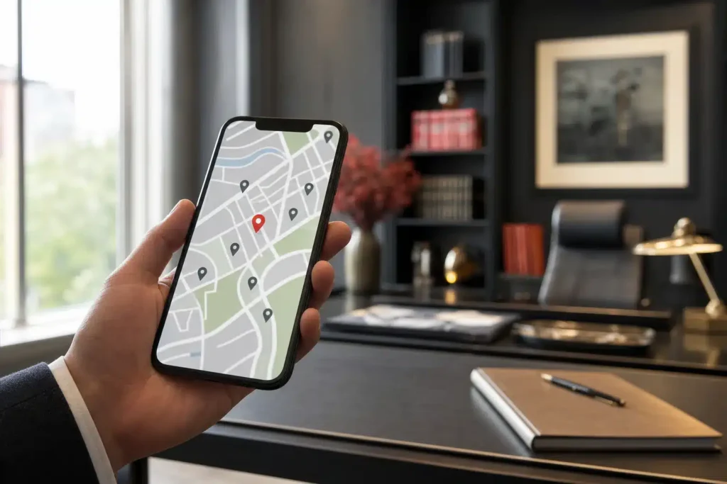 local SEO for criminal defense law firms: a hand holding a smartphone showing a stylized local