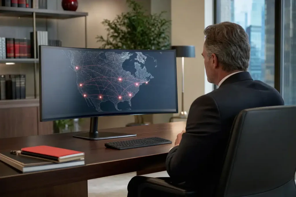 local SEO for criminal defense law firms: a monitor showing a multi location map with several
