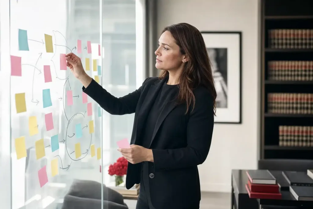 SEO agency for criminal defense law firms: a marketing strategist mapping an SEO plan on a larg