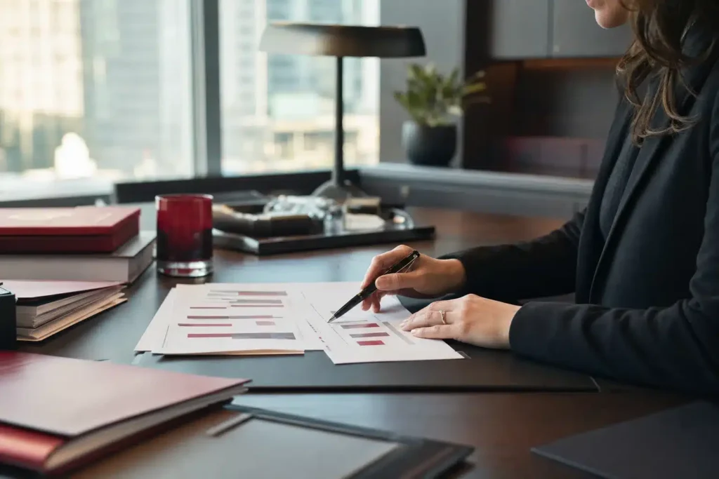 criminal defense law firms SEO cost: a hand with a pen reviewing a marketing budget docum