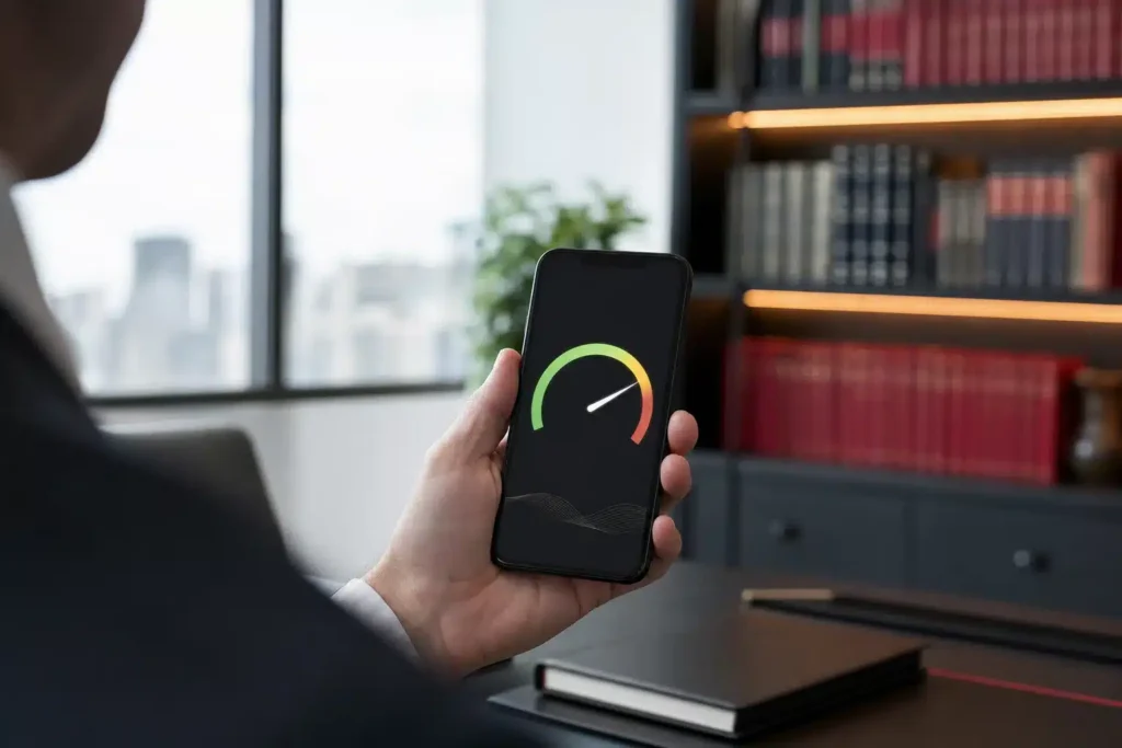 technical SEO for criminal defense law firms: a smartphone running a page speed test showing a hig