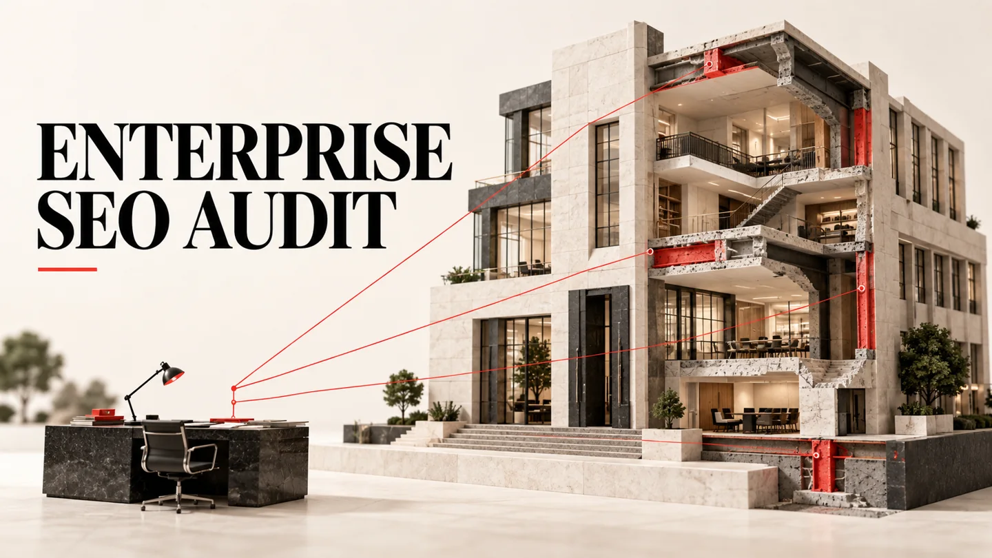 Enterprise SEO audit illustrated as a cutaway building revealing technical systems and implementation work