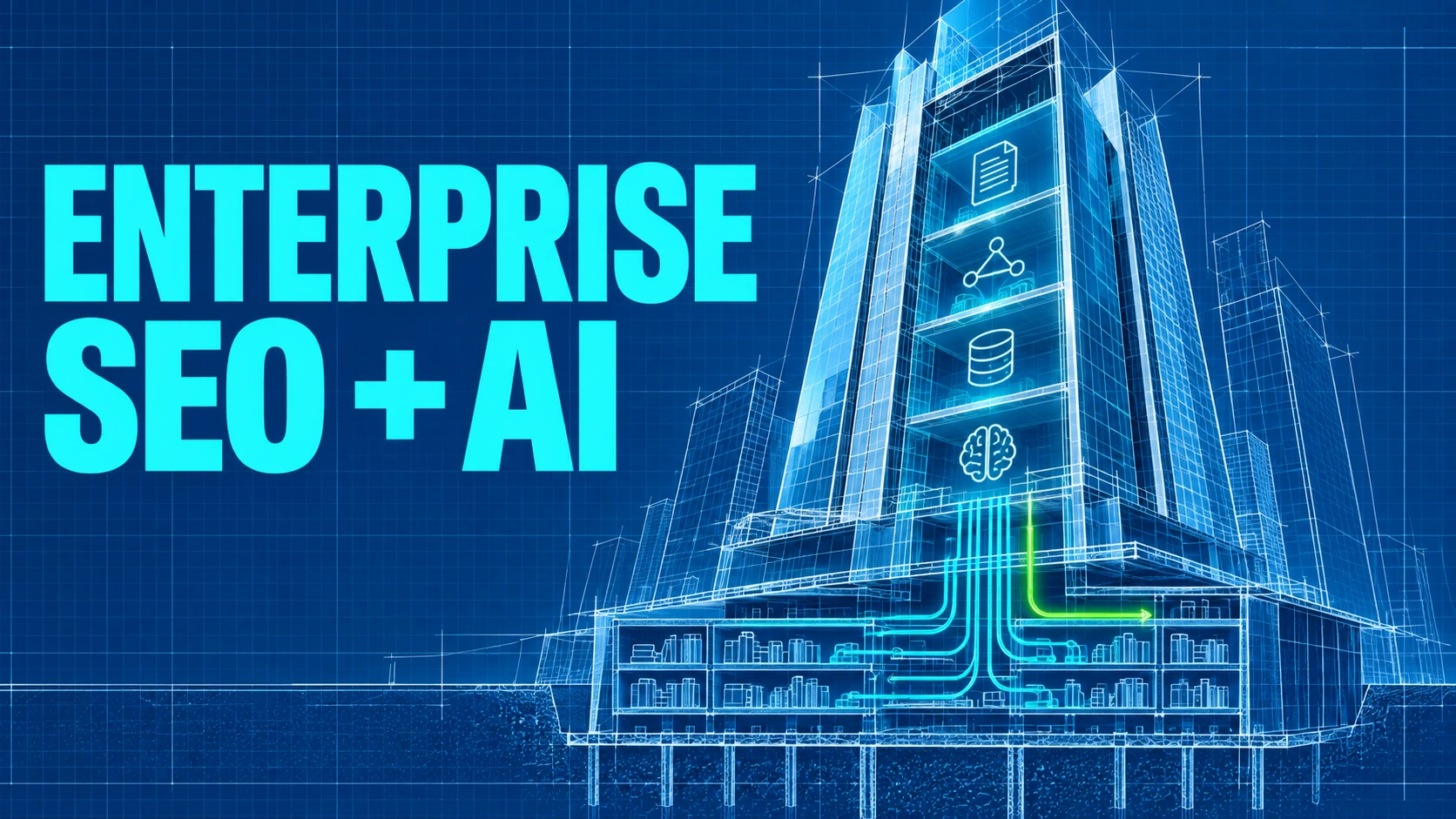 Enterprise SEO strategy and AI search headline over an architectural knowledge network