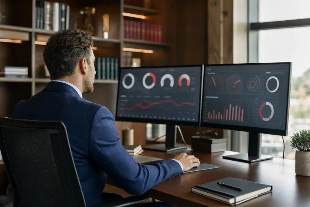 AI visibility audit for family law firms: an analyst reviewing a visibility audit dashboard wi