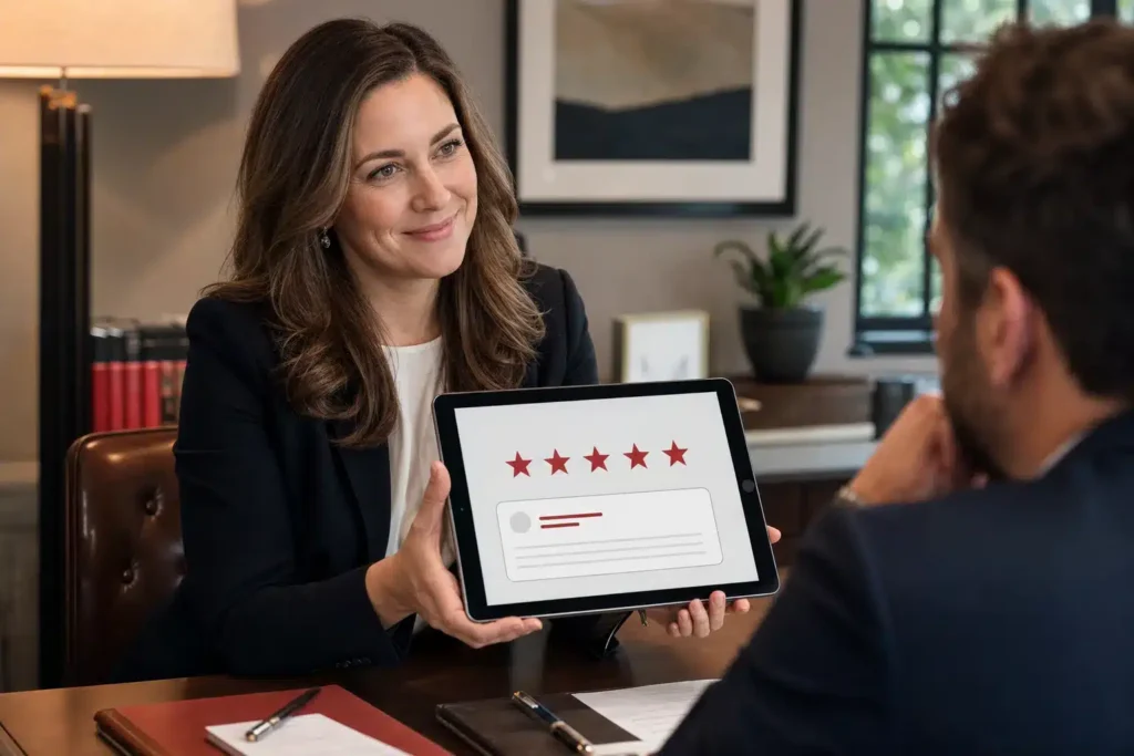 local SEO for family law firms: a tablet showing five star rating stars and a clean