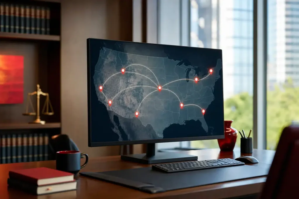 local SEO for family law firms: a monitor showing a multi location map with several