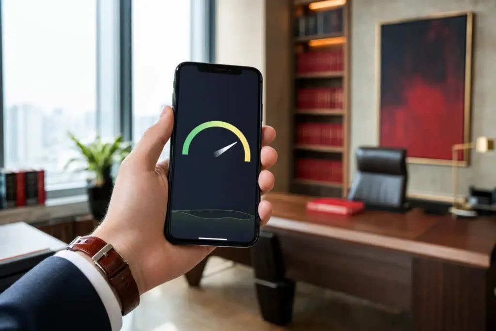 technical SEO for family law firms: a smartphone running a page speed test showing a hig