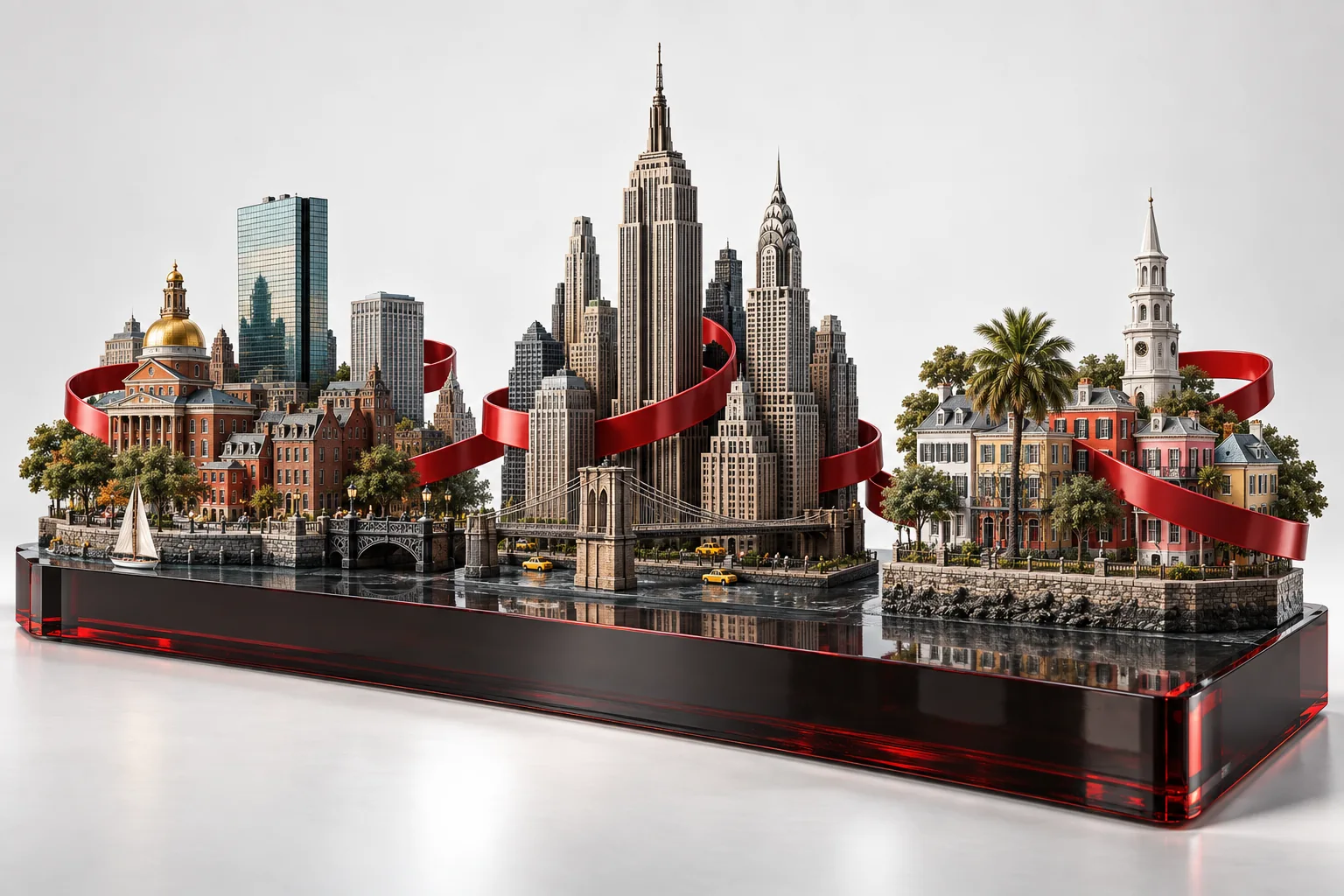 Architectural miniatures of Boston, New York and Charleston linked by a red ribbon on glass