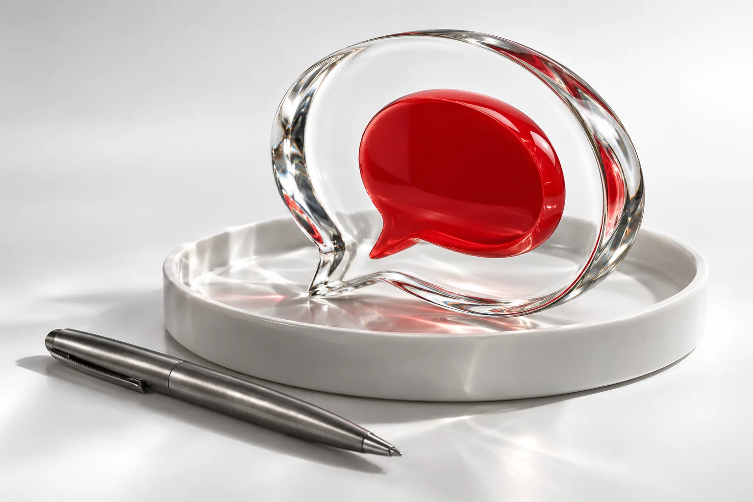 Clear glass conversation bubble with a red center on a white studio tray