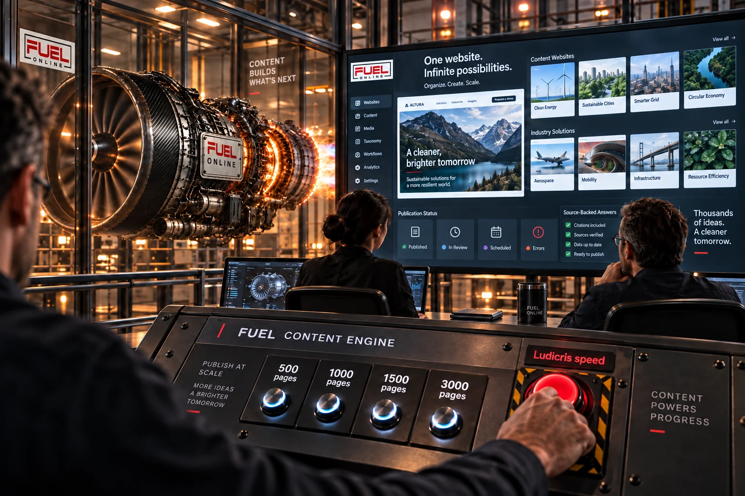 Conceptual Fuel Content Engine control room with a team, website content silos and the Fuel Online jet engine.