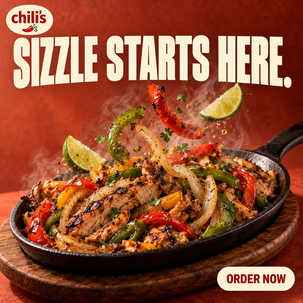 Chili's restaurant display ad concept with sizzling fajitas, frozen peppers and the headline Sizzle Starts Here.