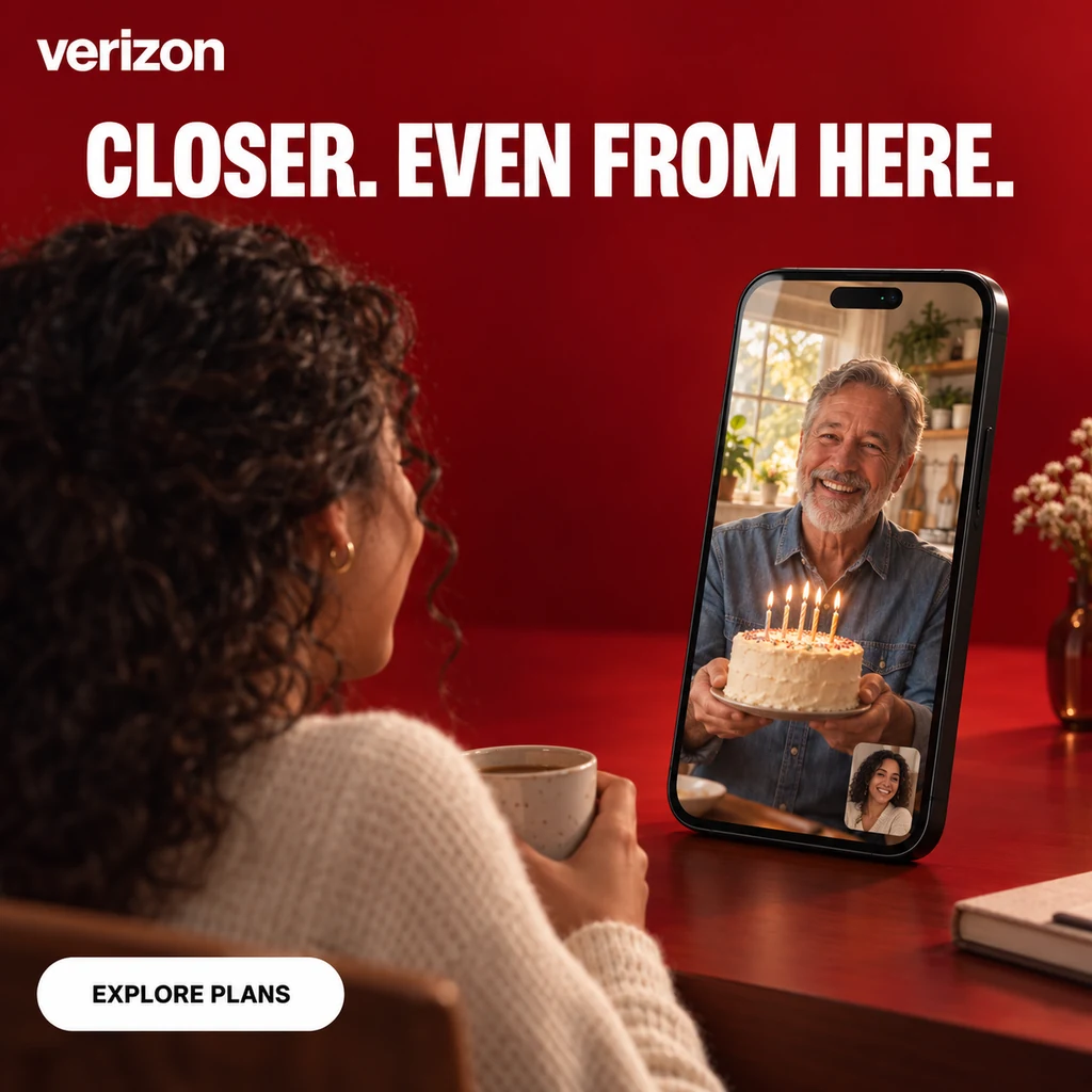 Verizon display ad concept showing a family birthday video call with the headline Closer. Even From Here.