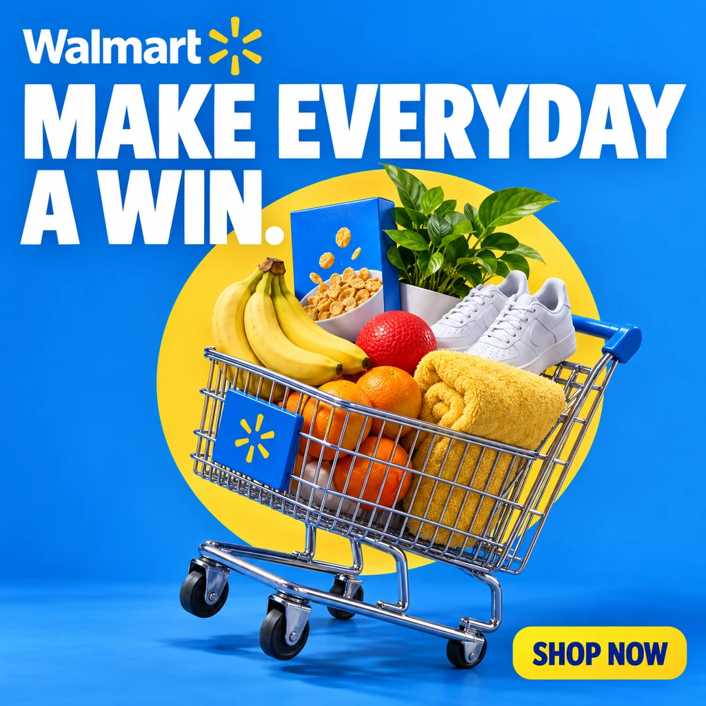 Walmart display ad concept with a dimensional shopping cart and the headline Make Everyday a Win.