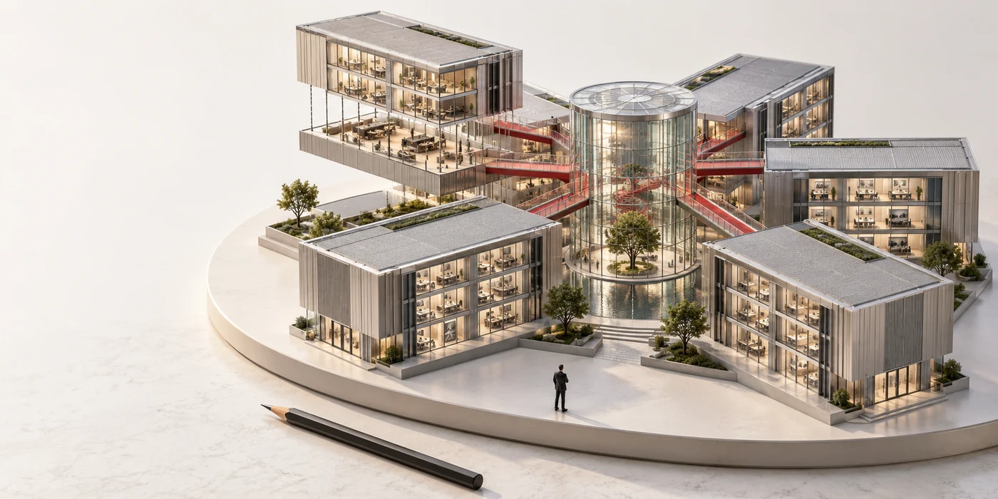 A miniature enterprise campus with connected architectural modules and an exploded building section, illustrating coordinated search architecture