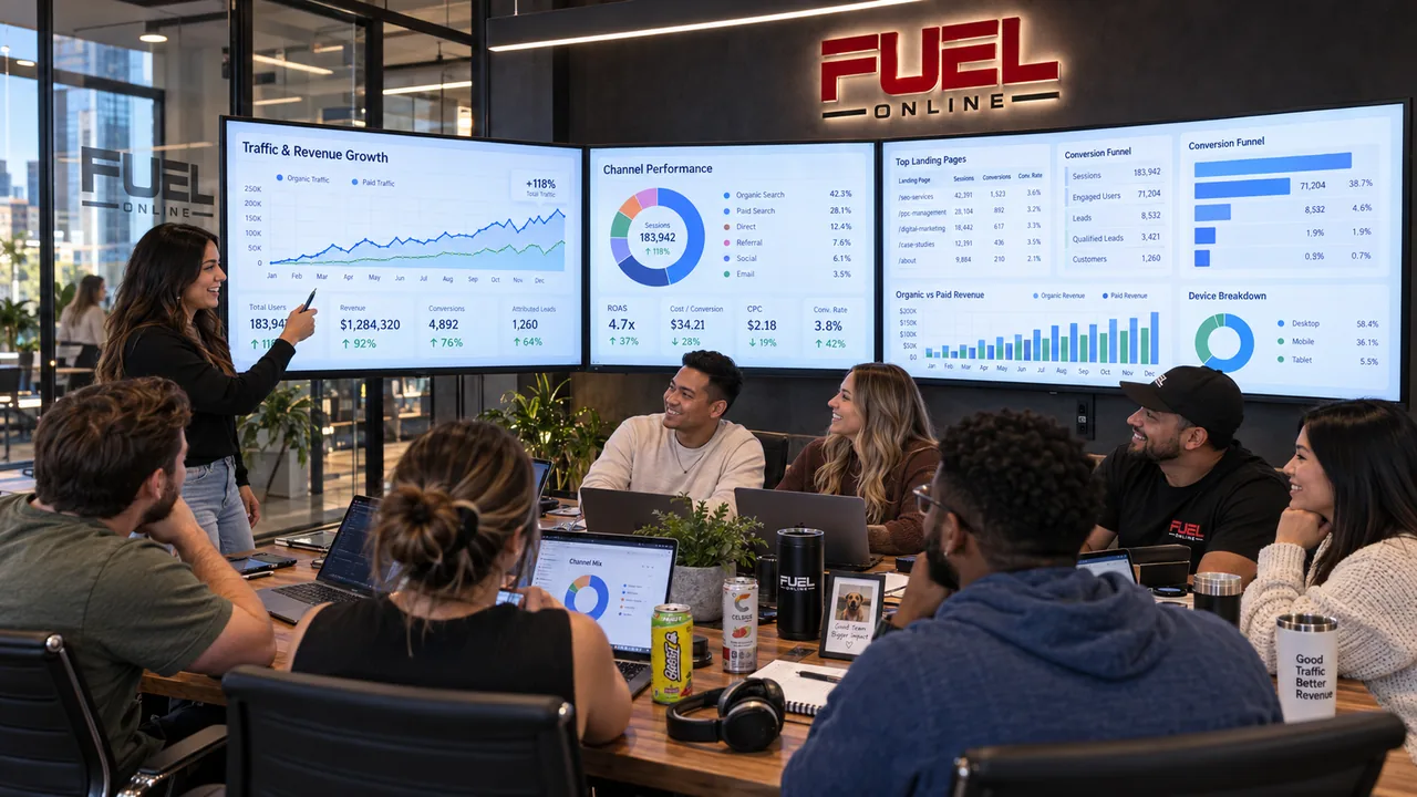 Collaborative marketing analytics meeting in a Fuel Online office