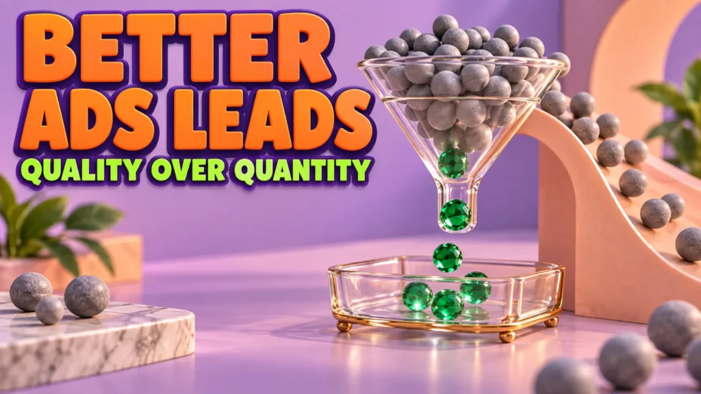 Google Ads lead quality illustrated by a glass funnel separating green gems from gray marbles