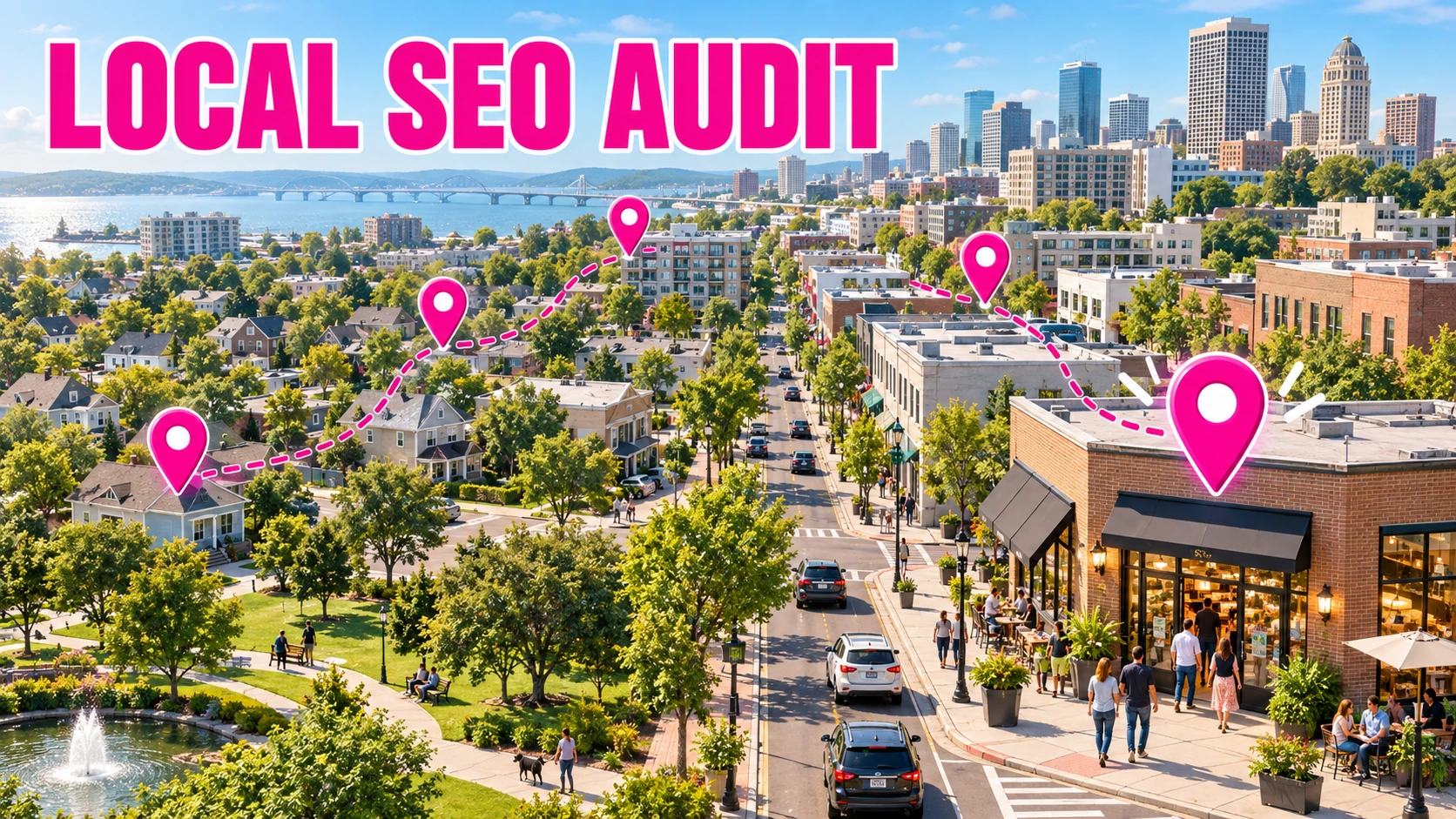 Local SEO audit headline over a sunny aerial city with local search pins