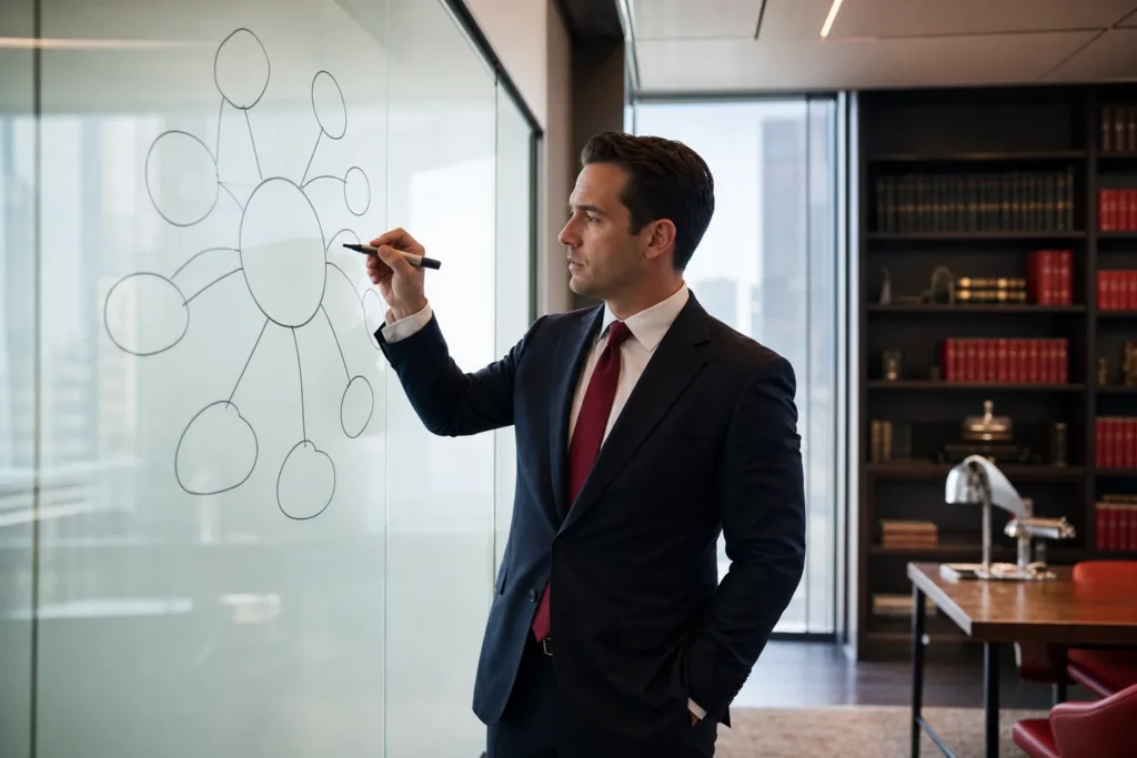 mass tort law firms content marketing strategy: a topic cluster mind map drawn on a glass whiteboard