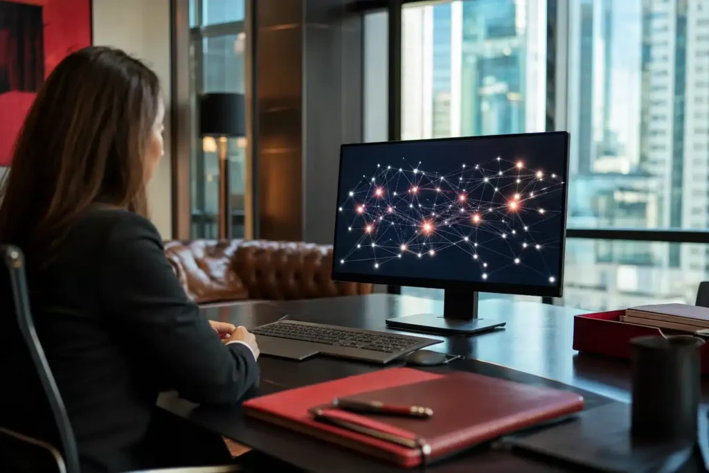 GEO agency for mass tort law firms: a photographic network of connected glowing nodes on