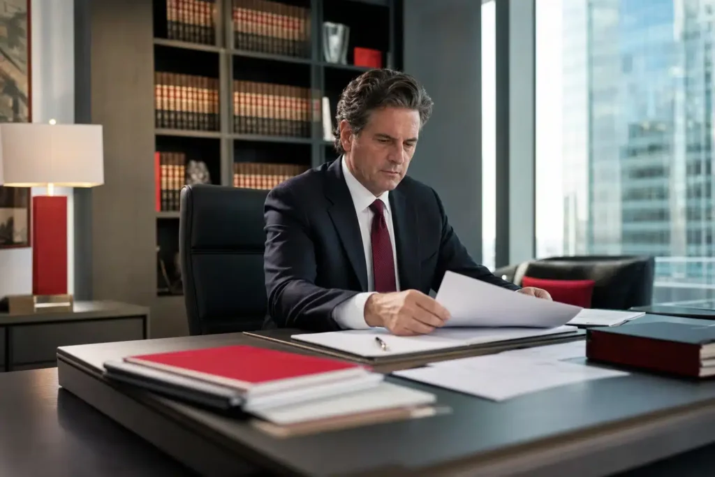 best SEO agency for mass tort law firms: a decision maker at a desk reviewing agency proposal