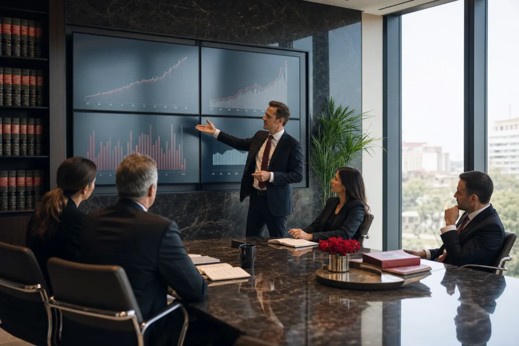 mass tort law firms marketing agency: a marketing team presenting a growth strategy on wal