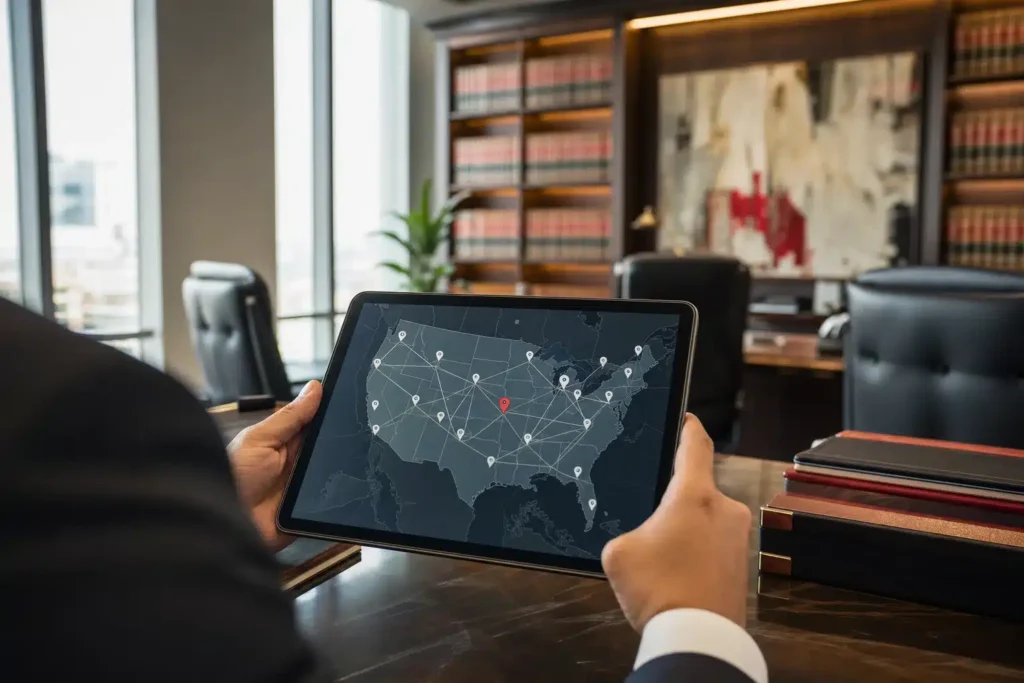 national SEO for mass tort law firms: a tablet showing a broad multi state pin network wit