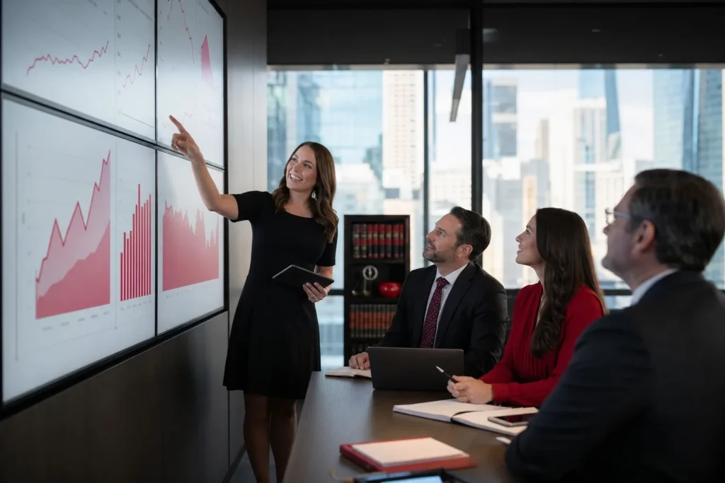 SEO agency for mass tort law firms: a digital marketing team reviewing rising website tr