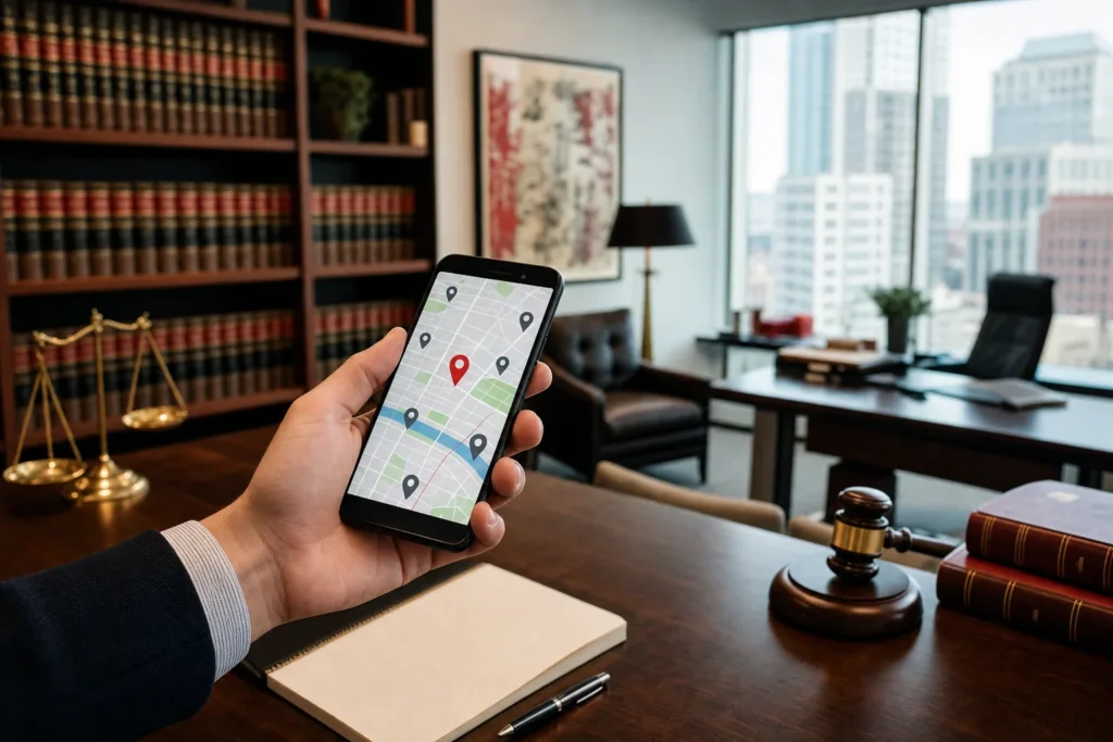 SEO agency for mass tort law firms: a hand holding a smartphone showing a stylized local
