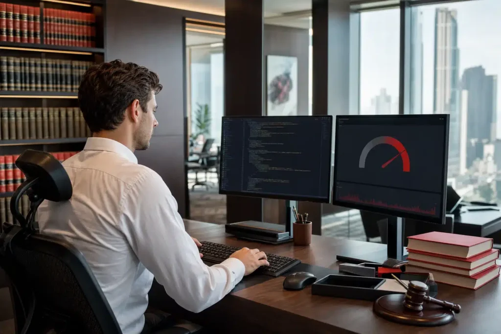 technical SEO for mass tort law firms: a web developer at a workstation with clean code on