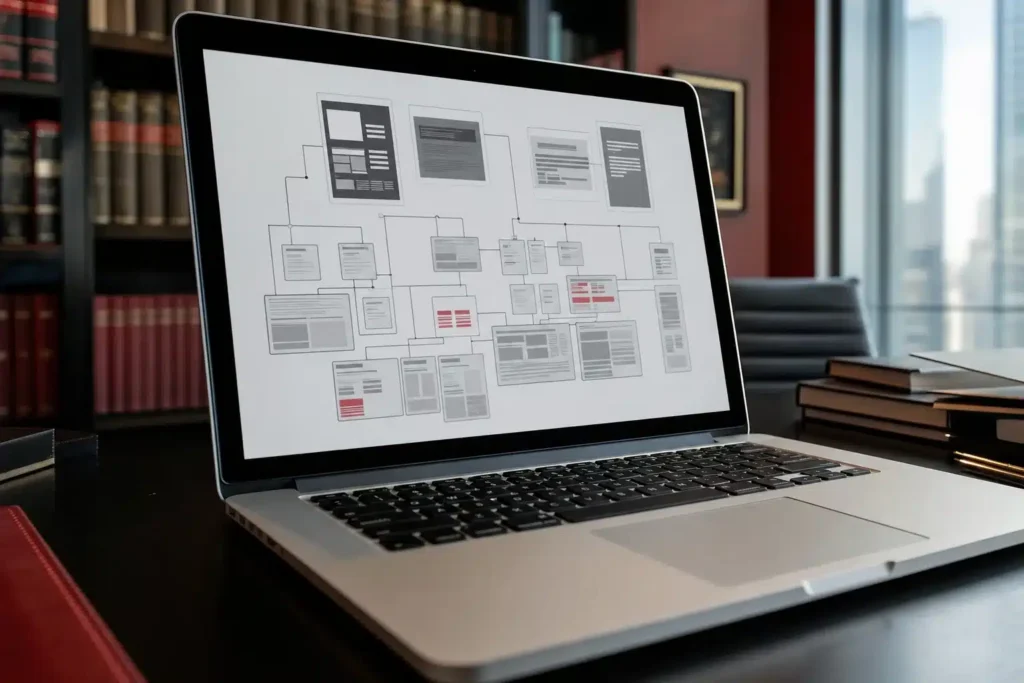 technical SEO for mass tort law firms: a close up of a laptop showing a website architectur