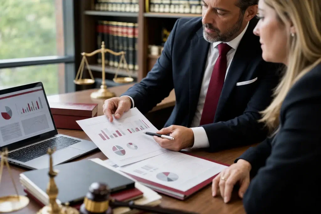 AI visibility audit for personal injury law firms: a printed analytics report with simple charts on a d