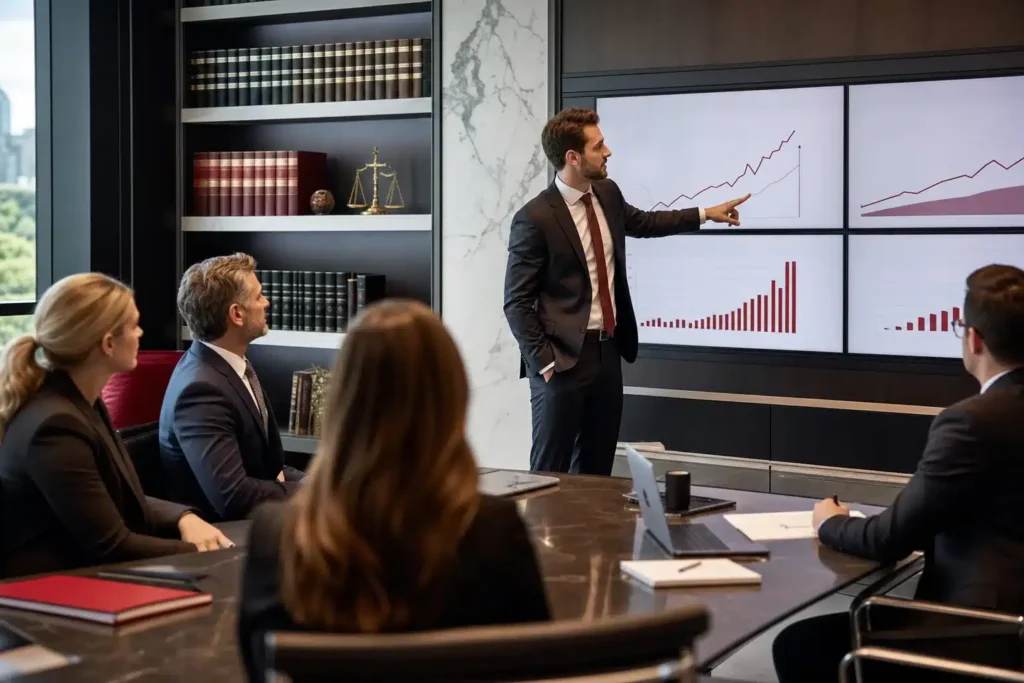 personal injury law firms marketing agency: a marketing team presenting a growth strategy on wal