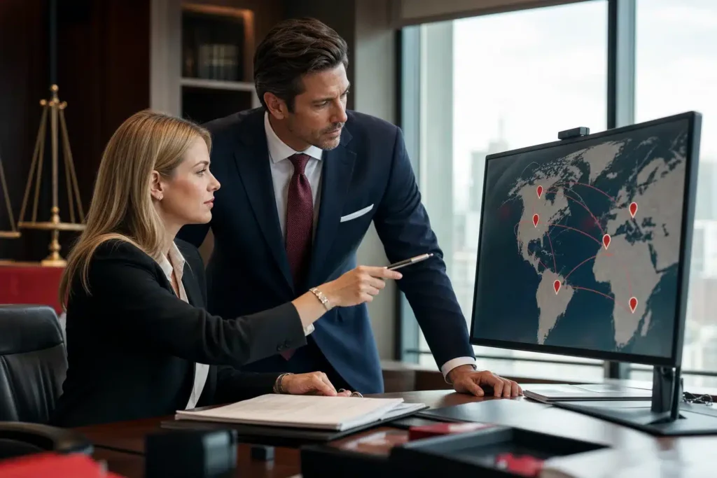 local SEO for personal injury law firms: a monitor showing a multi location map with several