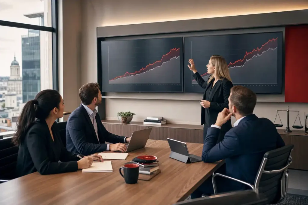 SEO agency for personal injury law firms marketing team reviewing search ranking growth in a law office