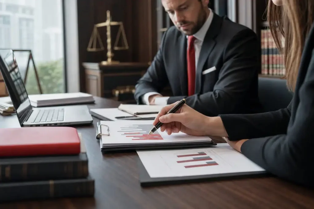 personal injury law firms SEO cost: a hand with a pen reviewing a marketing budget docum