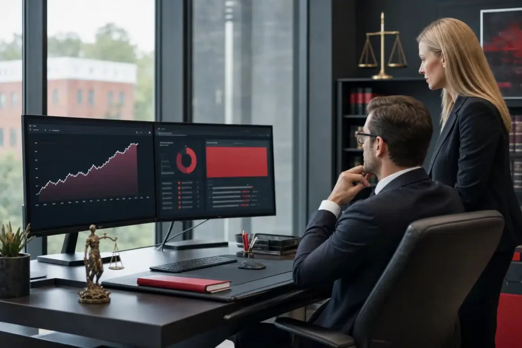 personal injury law firms SEO ROI: a revenue growth dashboard with a rising line chart